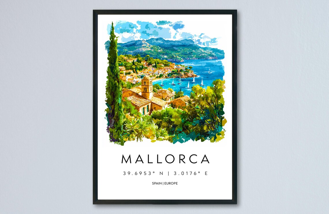 Mallorca Watercolor Spain Bay Town Sailboat View Travel Poster