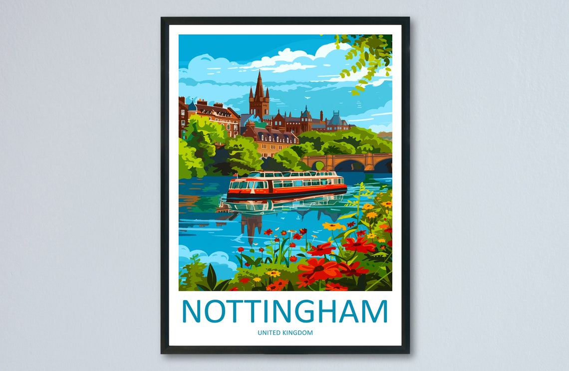 Nottingham England River Boat Church Spire Colorful Scene Poster