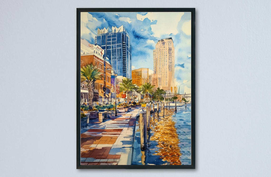 Tampa Florida Downtown Watercolor Riverwalk Palm Tree Cityscape Poster