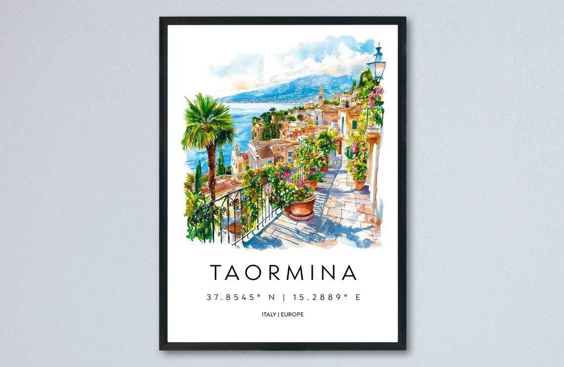 Taormina Italy Watercolor Travel Poster Palm Terrace And Sea View