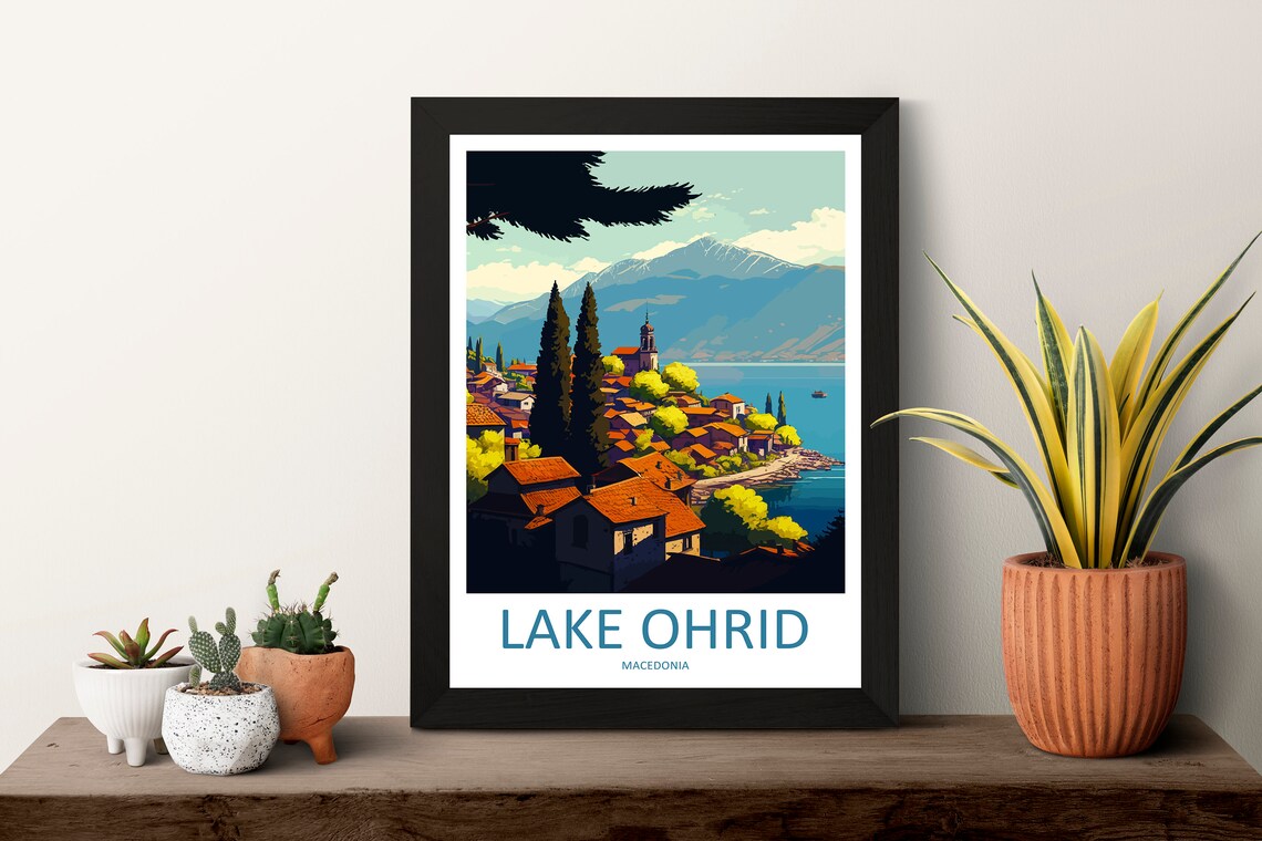 Scenic Vintage Lake Ohrid Lakeside Town Macedonia Travel Poster - Image 3