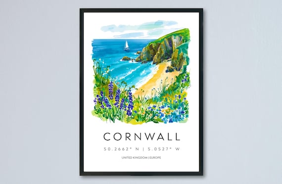 Cornwall Coastal Cliffs Beach Watercolor England Travel Poster