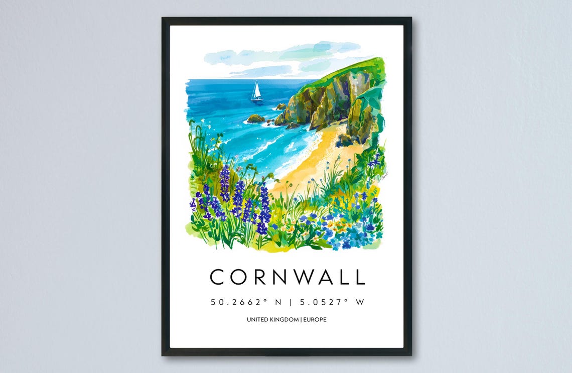 Cornwall Coastal Cliffs Beach Watercolor England Travel Poster