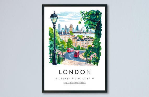 London Watercolor Travel Poster, Cityscape Art Print