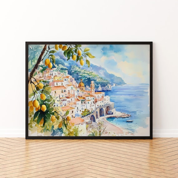 Amalfi Coast Italy Watercolor Lemons Seaside Cliff Town Poster