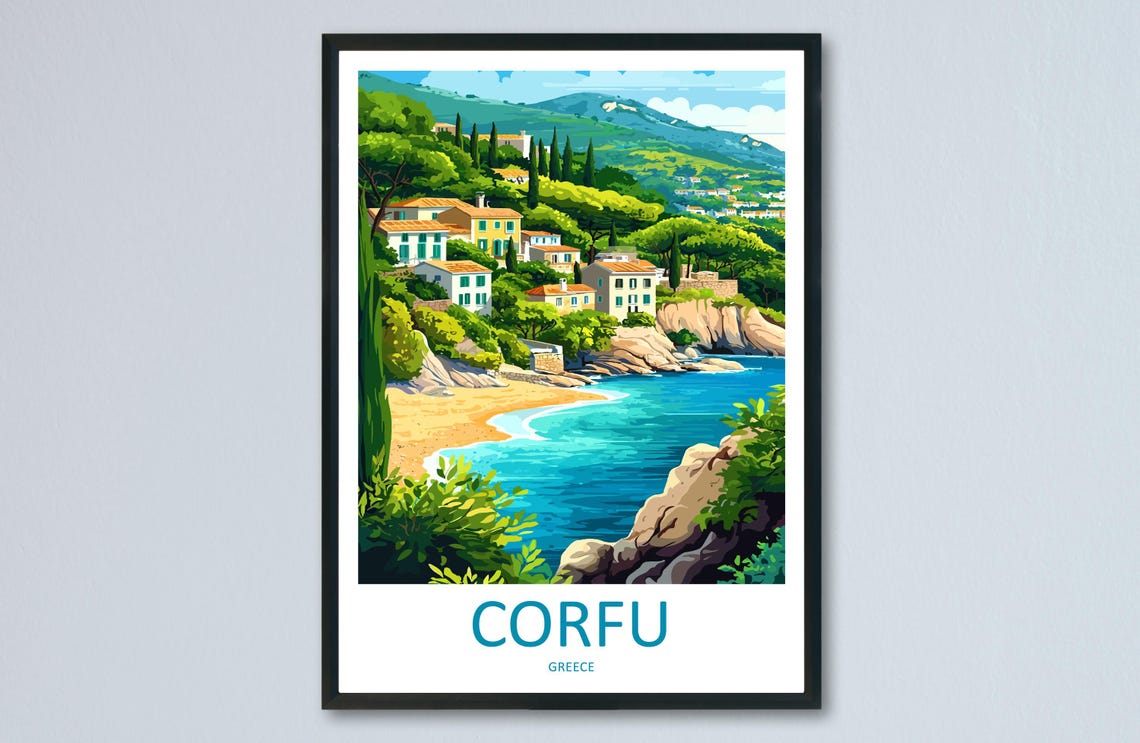 Corfu Greece Coastal Village Beach Cove Vintage Travel Poster