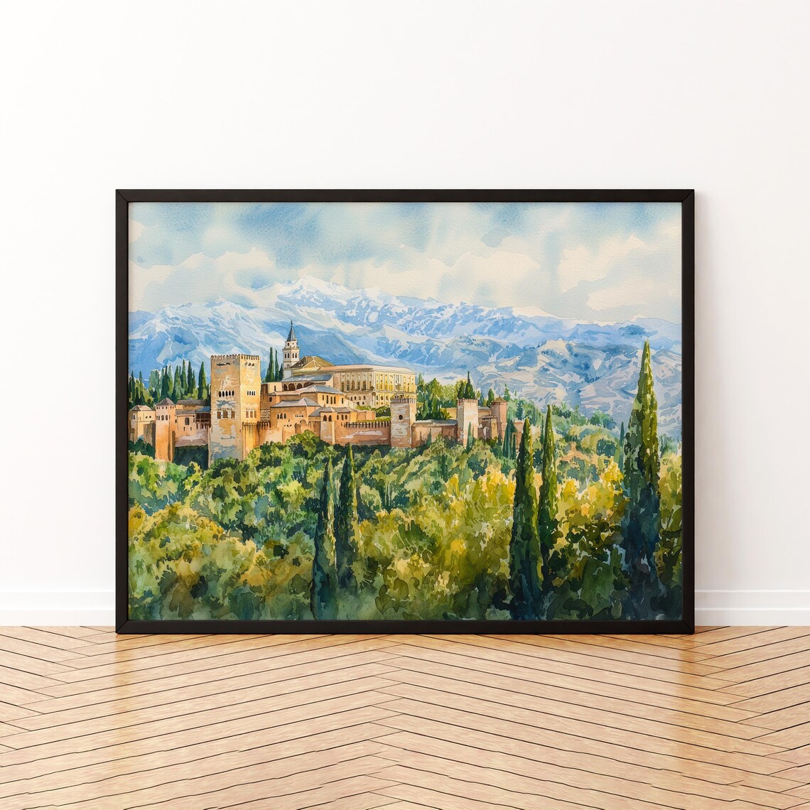 Granada Alhambra Palace Watercolor Sierra Nevada Spain Historic Poster