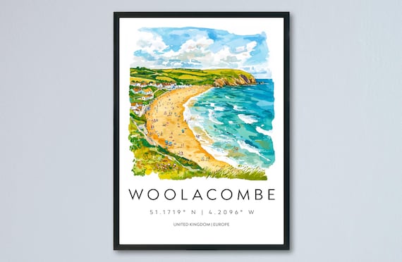 Woolacombe Beach Watercolor Devon Coast England Travel Poster