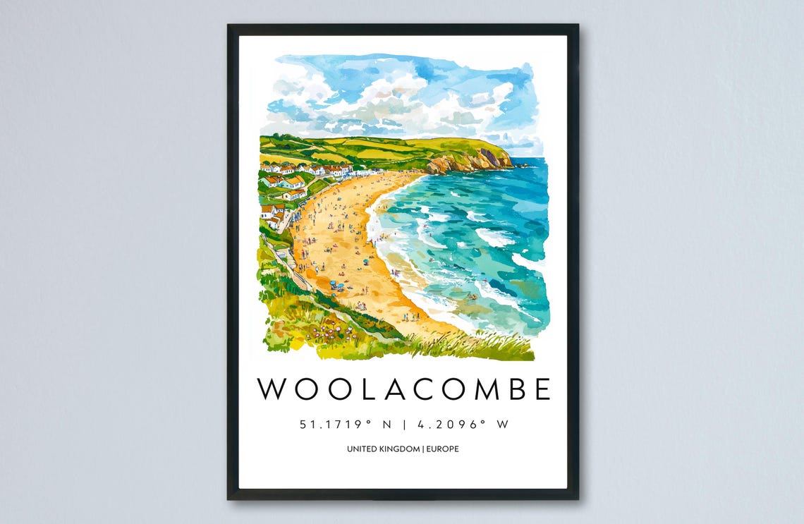 Woolacombe Beach Watercolor Devon Coast England Travel Poster