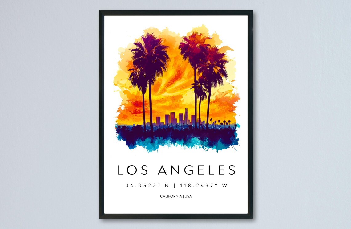 Los Angeles California Sunset Palms Skyline Watercolor Poster