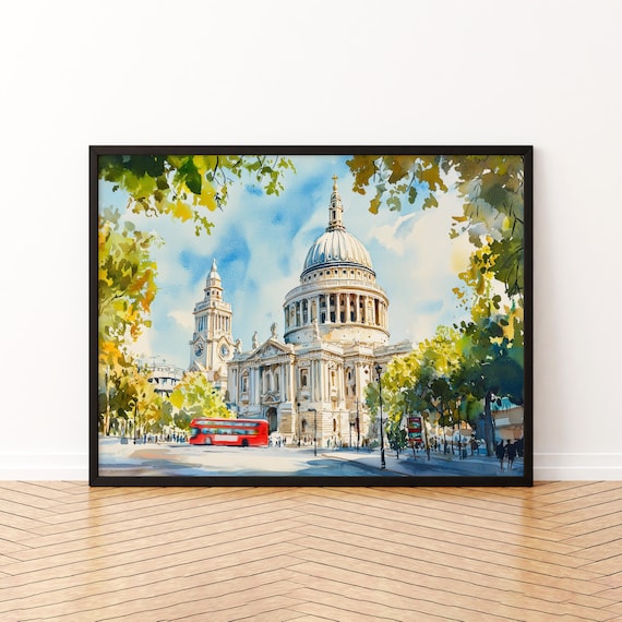 St Pauls Cathedral London Red Bus Watercolor City Travel Poster