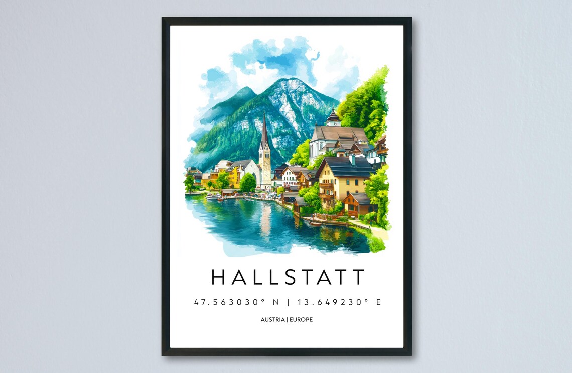 Hallstatt Austria Lakeside Village Church Watercolor Travel Poster