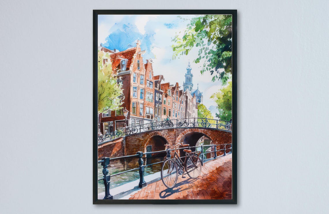 Amsterdam Canal Sunny Day Bicycle Brick Bridge Watercolor Poster