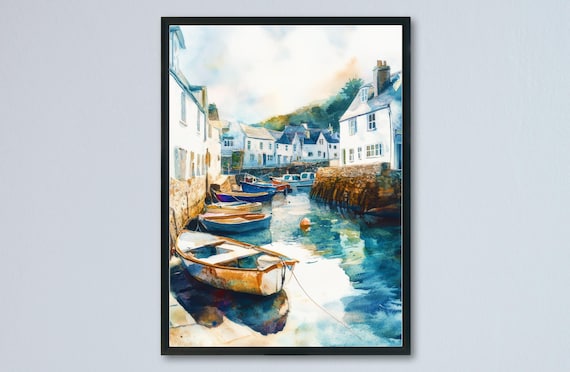 Polperro Tiny Harbor Boats Whitewashed Cottages Watercolor Poster