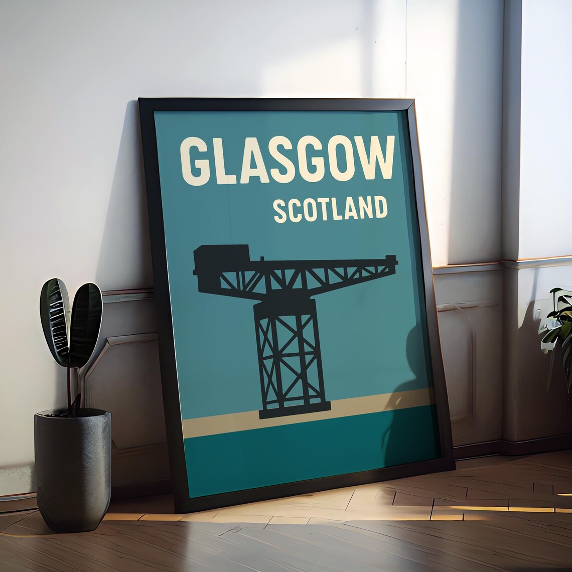 Glasgow Scotland Retro Travel Poster Crane Skyline Minimal Art