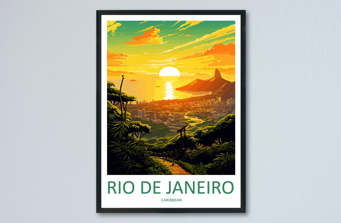 Rio de Janeiro Brazil Sunset City Coastline Mountains Travel Poster