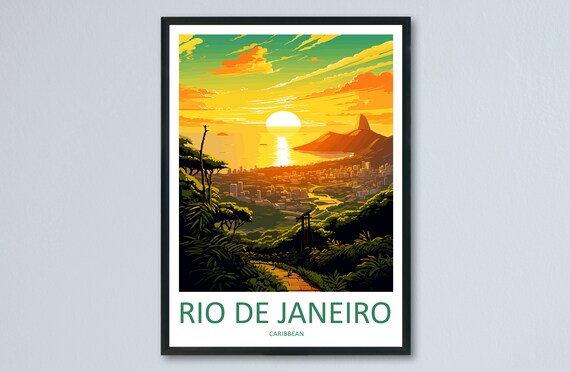 Rio de Janeiro Brazil Sunset City Coastline Mountains Travel Poster