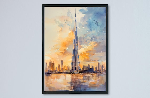 Dubai UAE Burj Khalifa Sunset Skyline Golden Cityscape Watercolor Poster