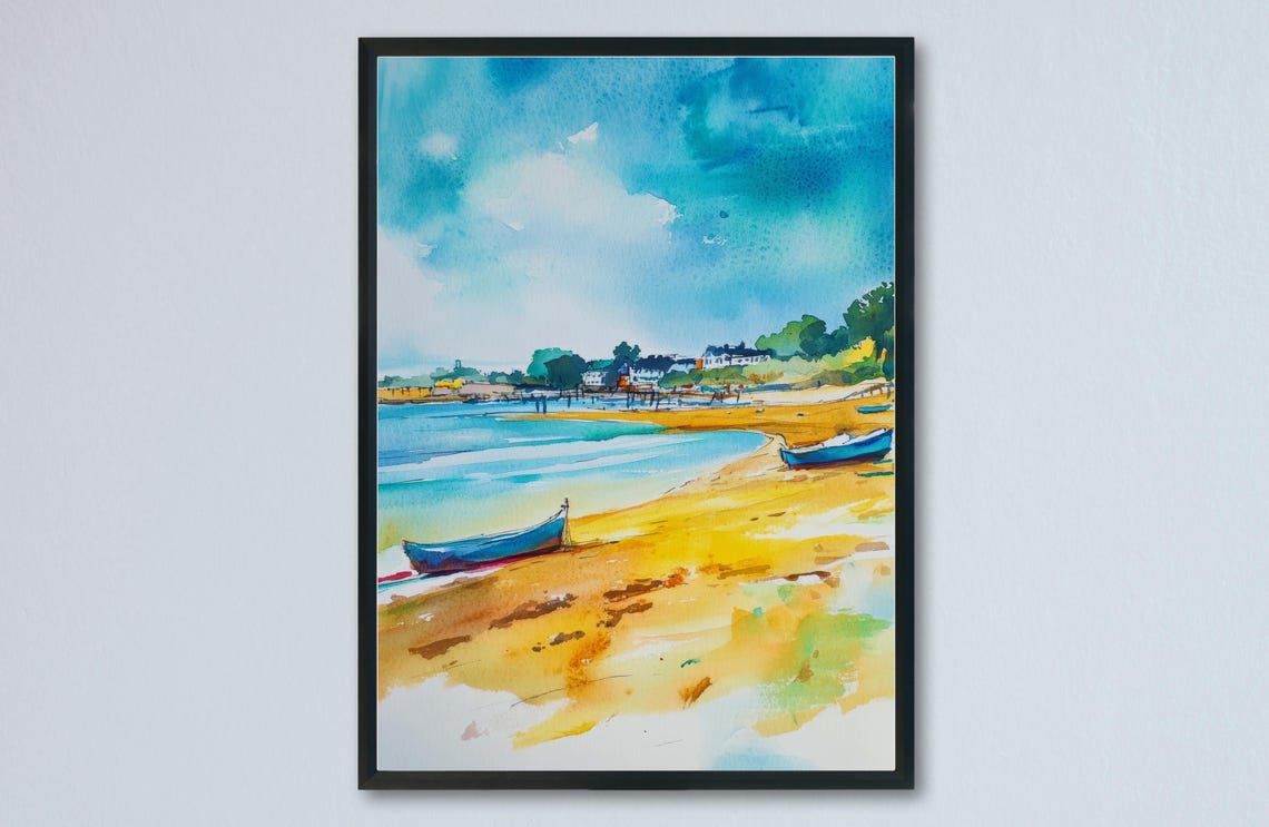 Exmouth Golden Beach Beached Rowing Boats Blue Sky Devon Poster