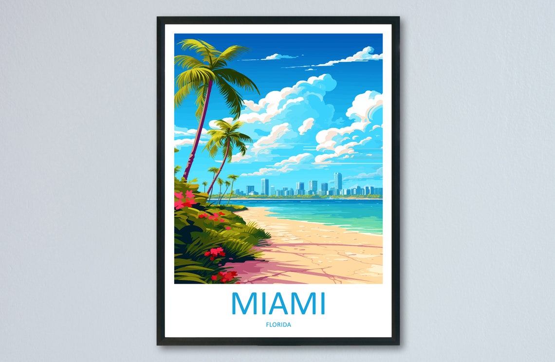 Miami Florida Beach Palm Trees City Skyline Tropical Travel Poster