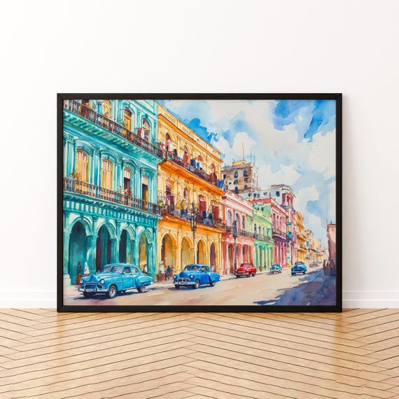 Watercolor Poster Caribbean Travel Print Havana Street Painting Colonial Architecture Wall Art Island Souvenir