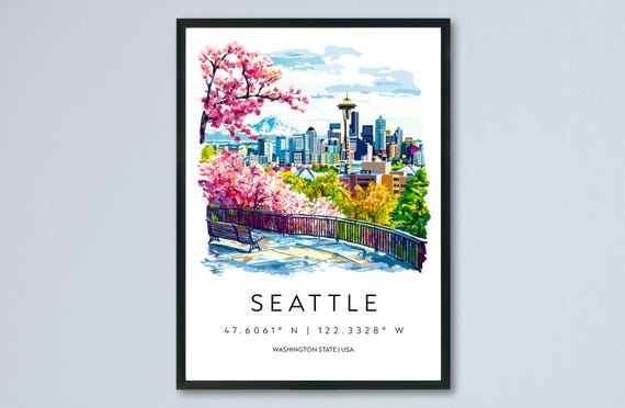Seattle Watercolor Travel Poster, Cityscape Art Print