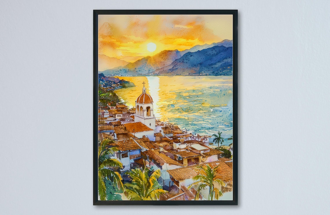 Sunset Coastal Town Church Dome Bay Watercolor Seaside Poster