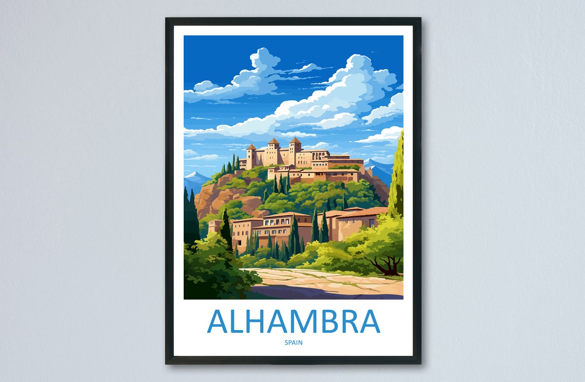 Alhambra Spain Hilltop Palace Panoramic Illustrated Travel Poster