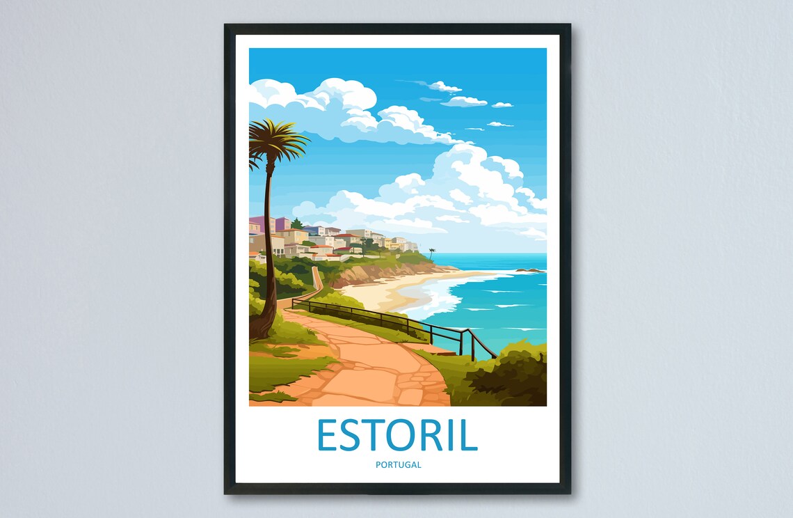 Estoril Portugal Coastal Promenade Beach Scene Travel Poster