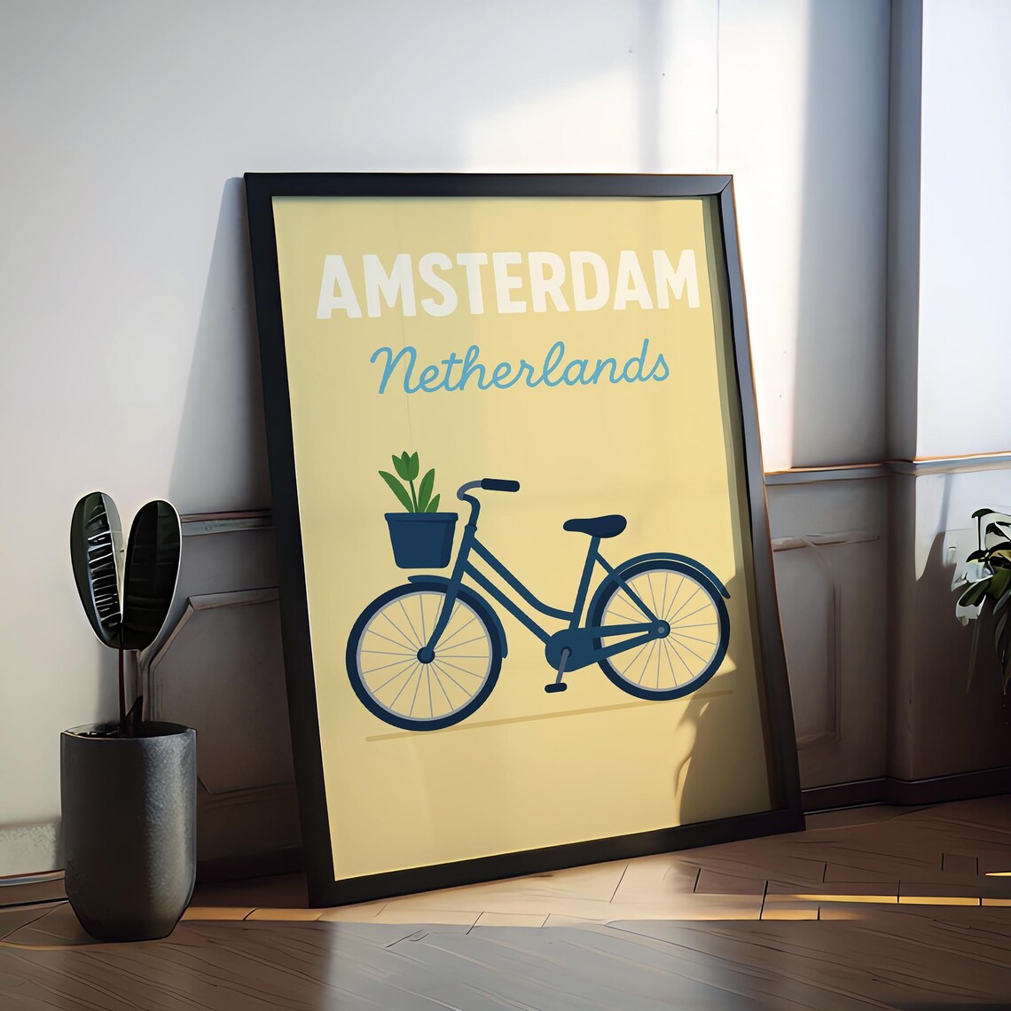 Amsterdam Netherlands Tulip Basket Bicycle Retro Travel Poster
