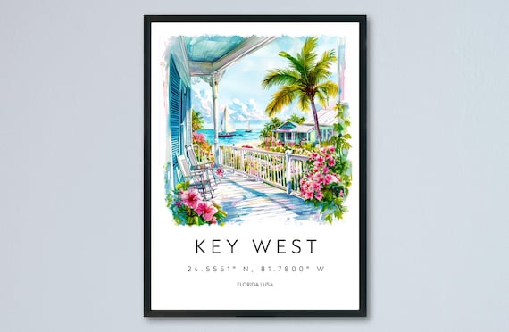 Key West Florida Watercolor Travel Poster With Beach Porch And Palm Trees