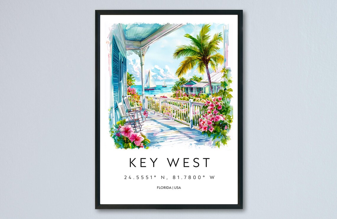 Key West Florida Watercolor Travel Poster With Beach Porch And Palm Trees