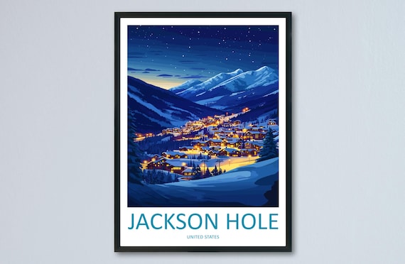 Jackson Hole United States Night Village Lights Ski Travel Poster