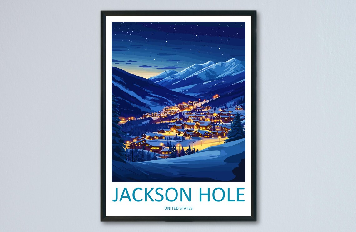 Jackson Hole United States Night Village Lights Ski Travel Poster