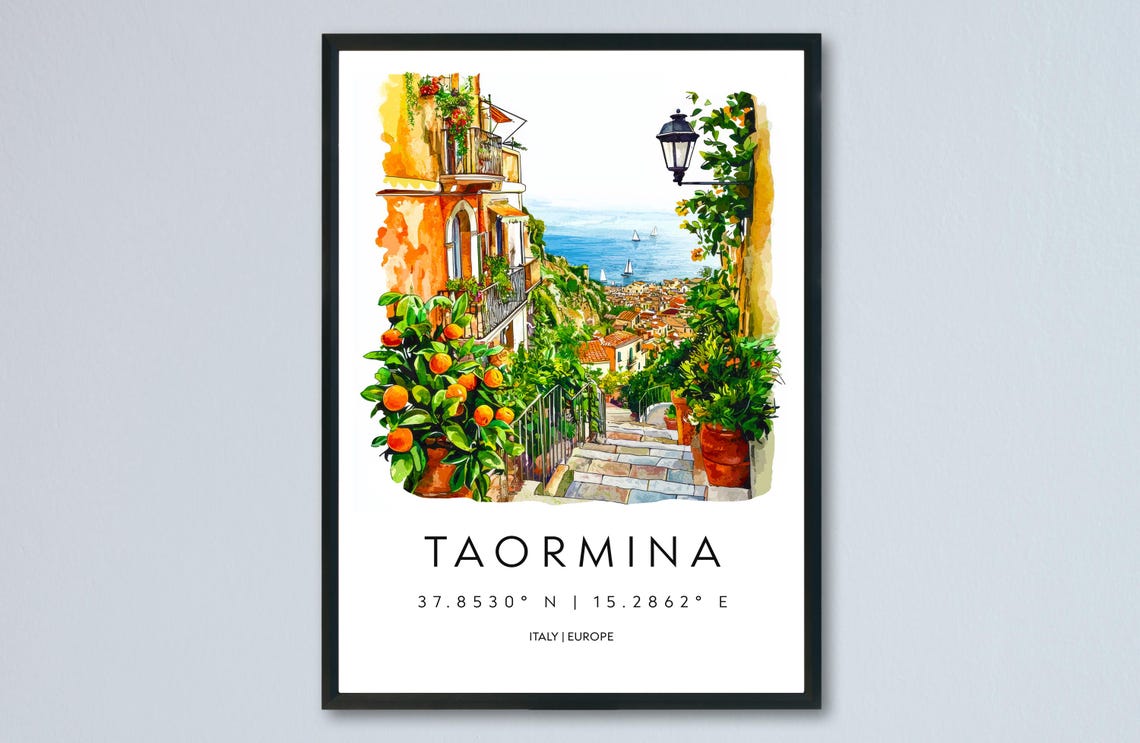 Taormina Sicily Watercolor Orange Terrace Coast Travel Poster