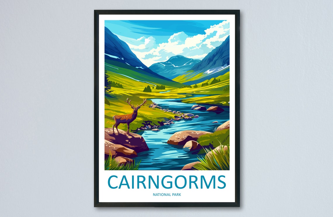 Cairngorms National Park Green Valley Stag River Scene Poster