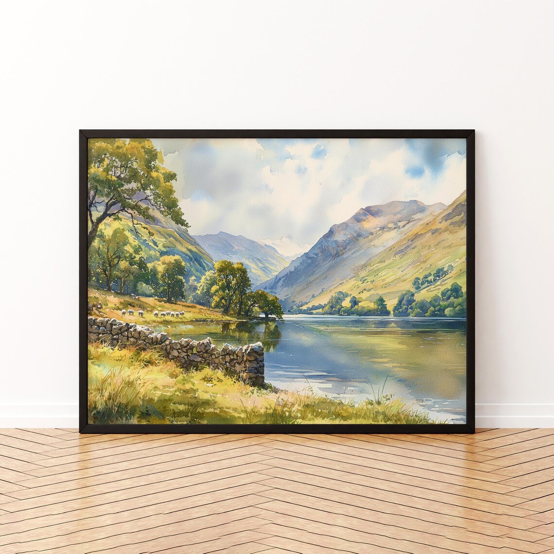 Lake District Watercolor Lake Hills Stone Wall Sheep Landscape Print
