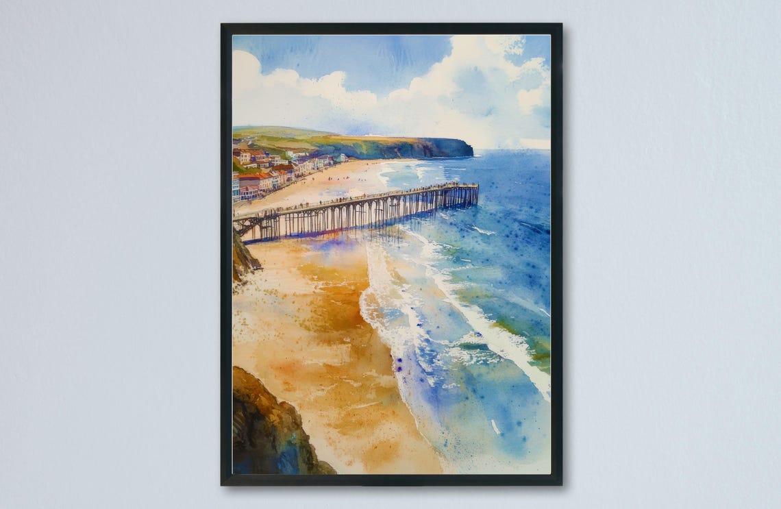 Saltburn Pier Sandy Beach Seaside Town Cliffs North Sea Poster