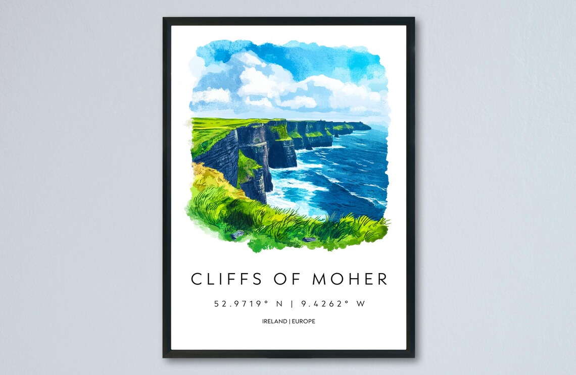 Cliffs of Moher Ireland Sea Stacks Watercolor Travel Art Poster