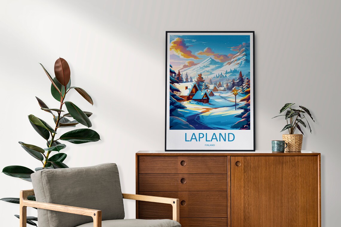 Lapland Finland Snowy Winter Village Sunset Mountains Travel Poster - Image 2