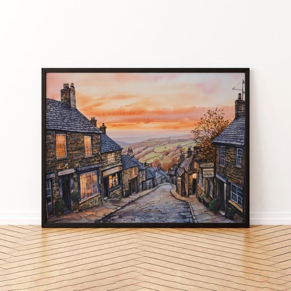 Haworth England Watercolor Travel Poster, Yorkshire Village