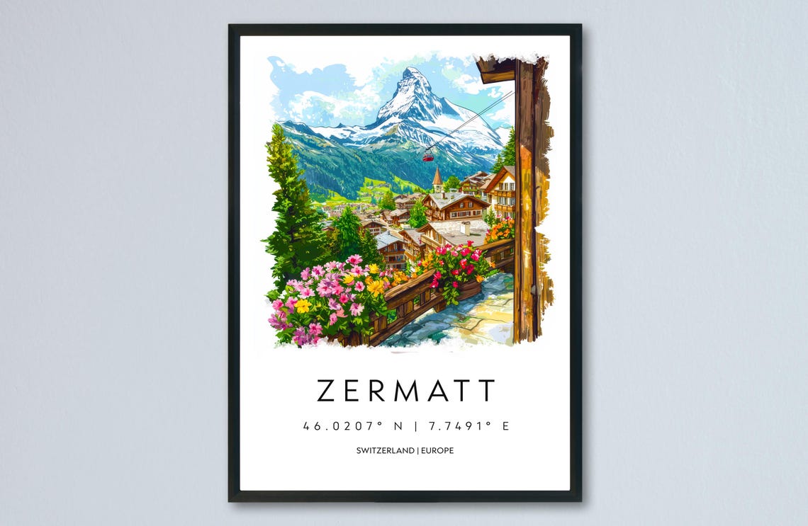 Zermatt Watercolor With Matterhorn Village Swiss Alps Poster