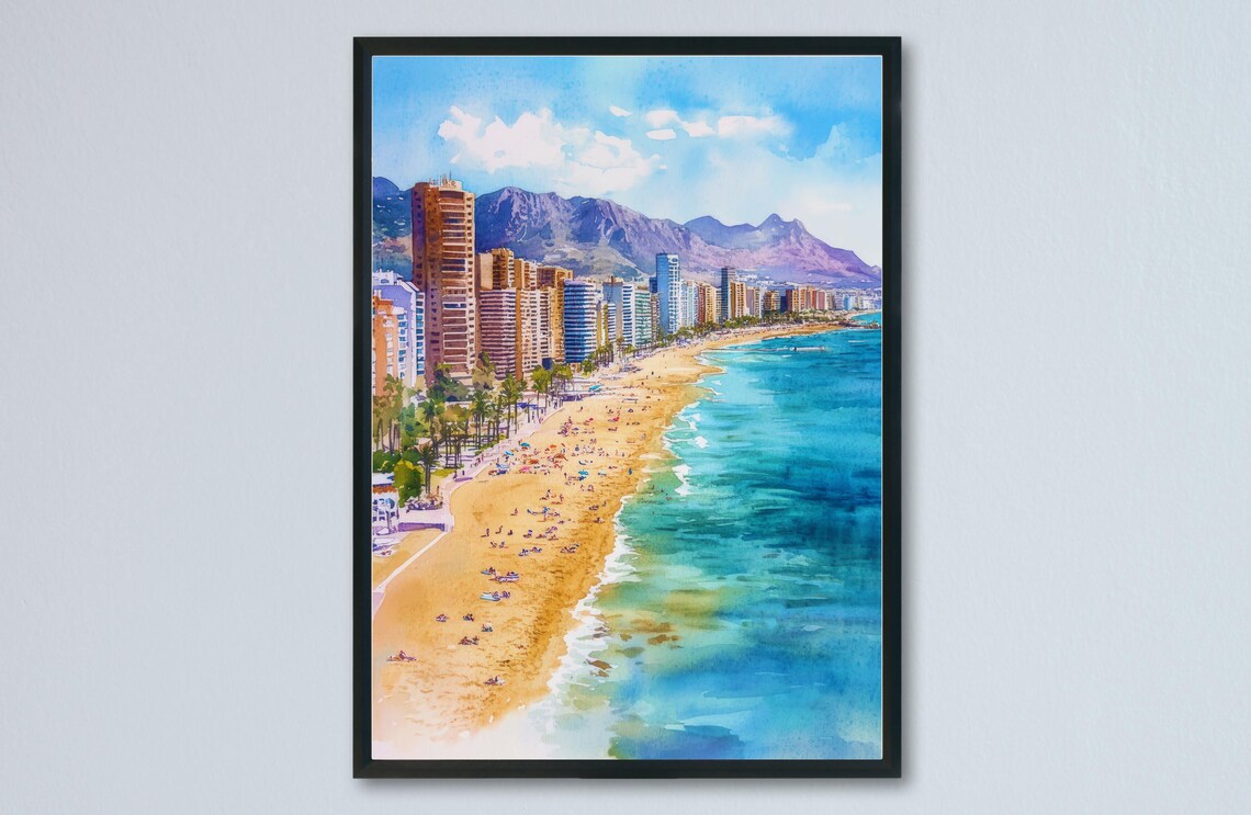 Coastal City Skyline Beach Mountains Watercolor Travel Poster