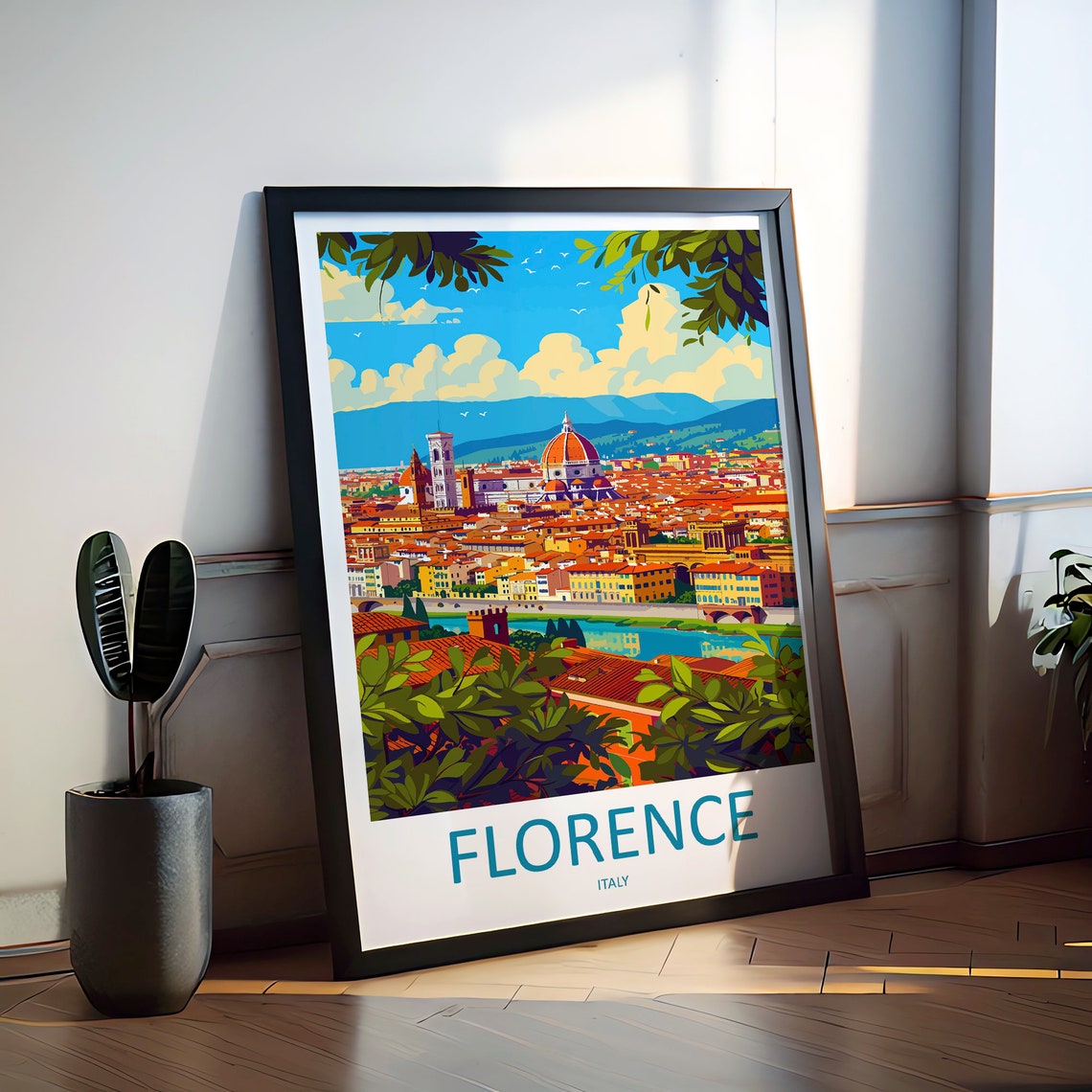 Florence Italy Skyline with Duomo and Arno River Vintage Travel Poster