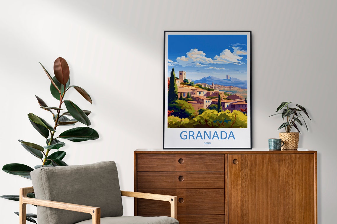 Granada Cypress Hillside Old Town And Mountains Spain Travel Poster - Image 2