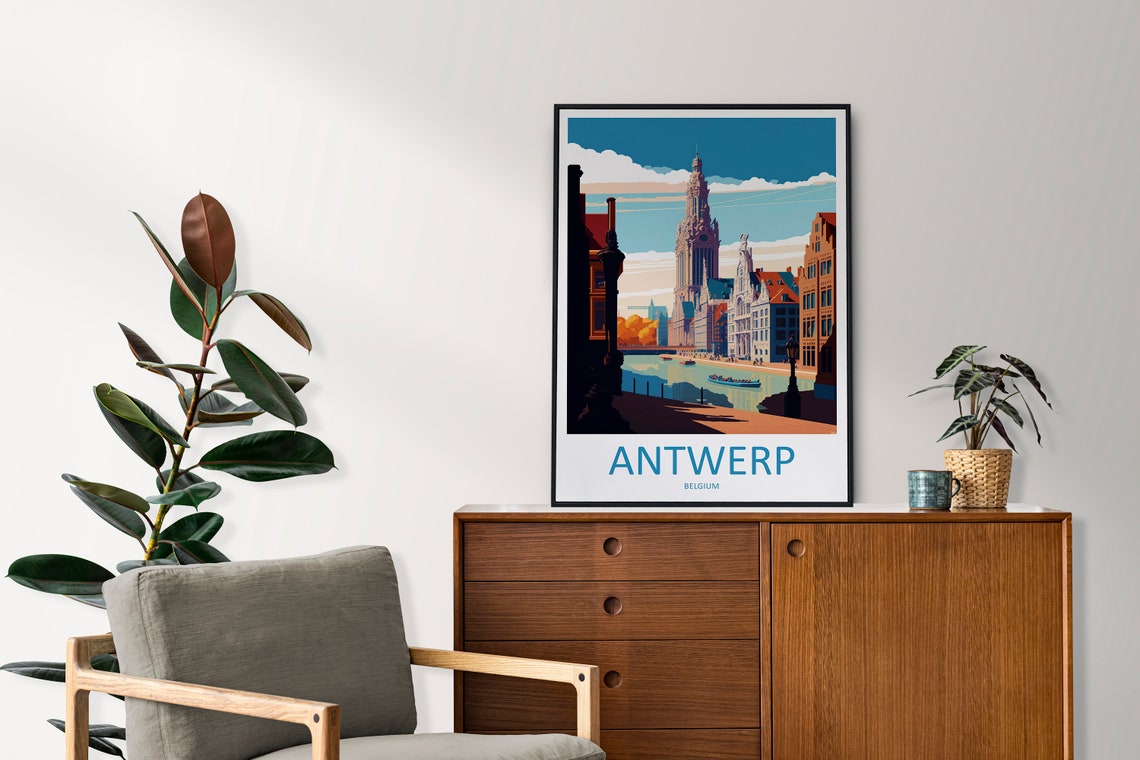 Antwerp Belgium Riverfront Cathedral Old Town Skyline Travel Poster - Image 2