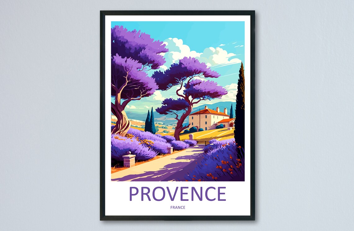 Provence France Lavender Fields Farmhouse Illustrated Travel Poster