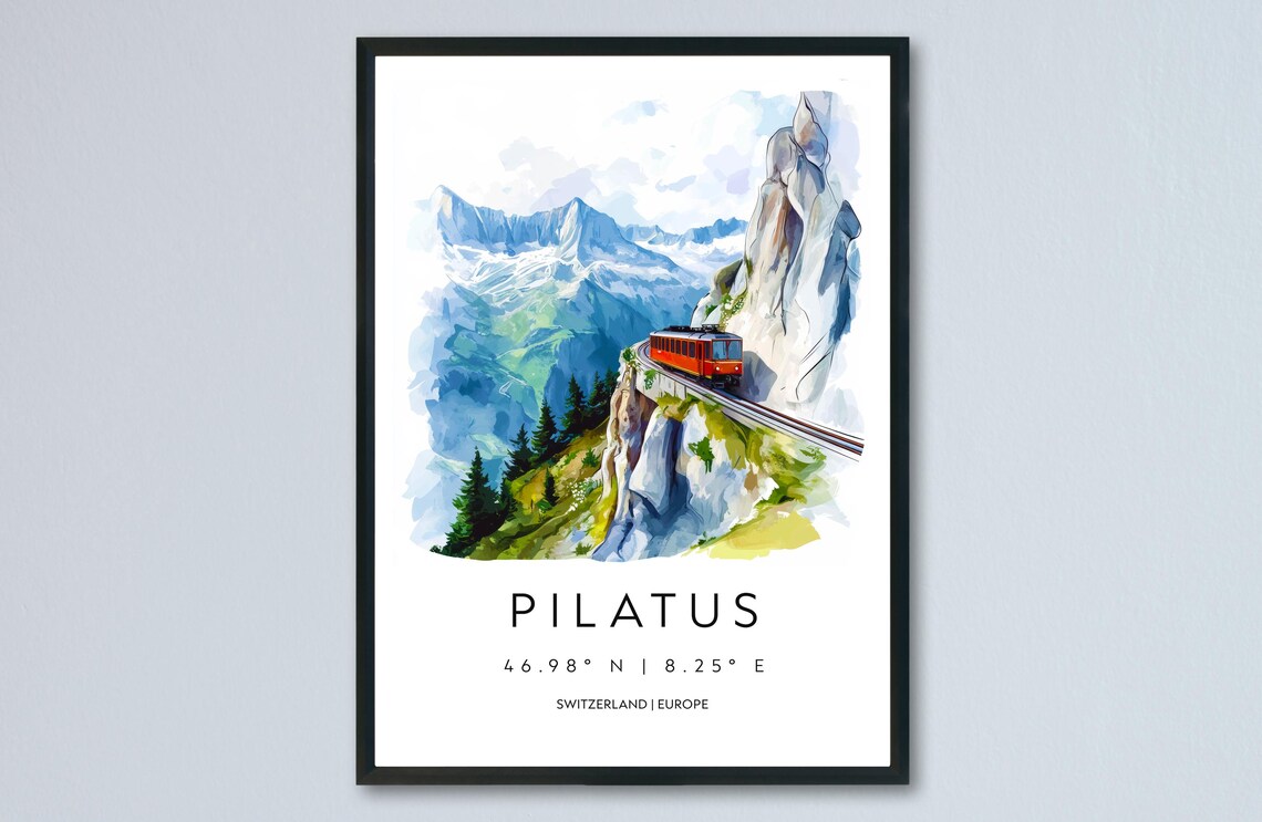 Pilatus Mountain Railway Watercolor Swiss Alpine Peak Poster