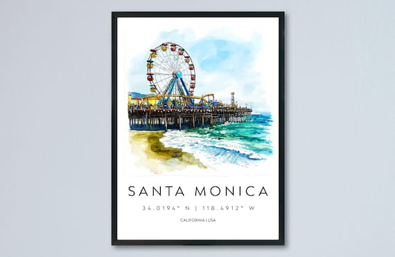 Santa Monica California Pier Ferris Wheel Beach Watercolor Poster