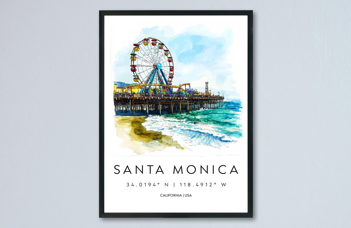 Santa Monica California Pier Ferris Wheel Beach Watercolor Poster